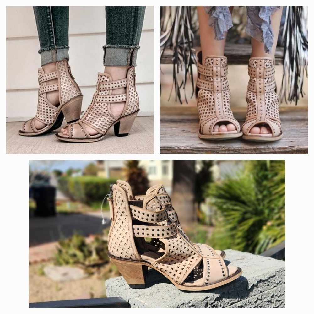 Lane Boots Artesia Cut Out Ankle‎ Bootie Western Cowgirl Beige